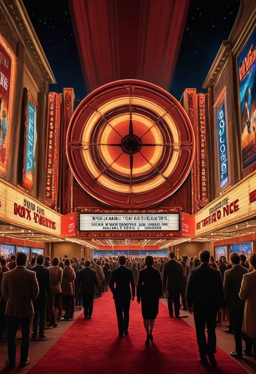 A cinematic scene with a larger-than-life film reel intersecting with a dazzling movie theater marquee, packed with diverse blockbuster movie posters. Include film awards, red carpet, and enthusiastic crowd with flashing cameras to showcase the grandeur and magic of box office hits. Vibrant colors. Super-realistic.