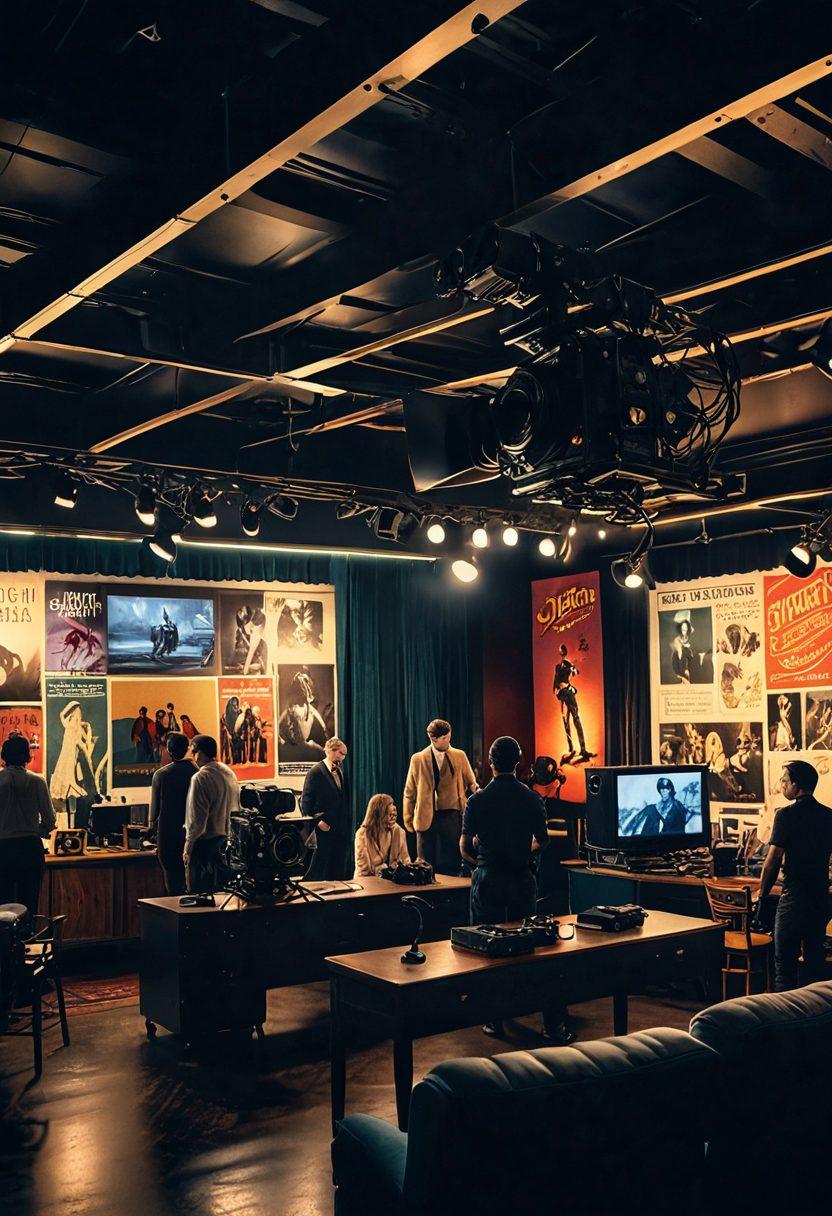 A bustling movie set with cameras, lights, and crew members working passionately; actors in mid-performance with directors giving guidance. In the background, film reels, clapperboards, and vintage film posters. A sense of creativity and action captured amidst a whirlwind of activity. super-realistic. vibrant colors. cinematic lighting.